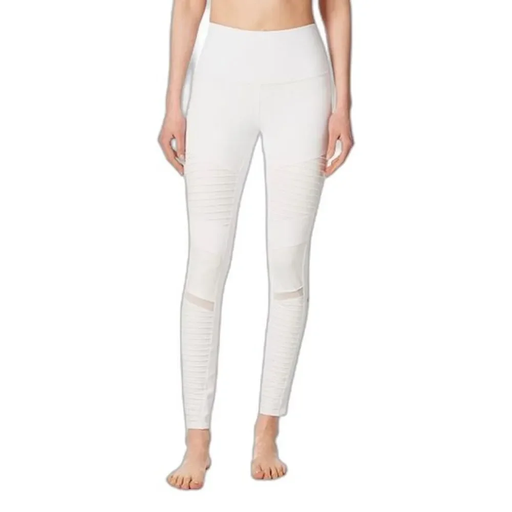 Alo Moto Leggings White Athletic Yoga Pants Stretch Mesh Panels Women’s Size XS